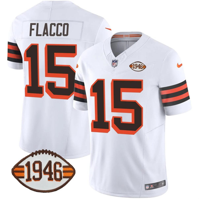Men's Cleveland Browns #15 Joe Flacco White 2023 F.U.S.E. 1946 Collection Vapor Limited Football Stitched Jersey